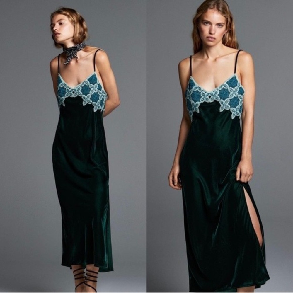 Zara Emerald Green Velvet Midi Dress with Light Blue Lace